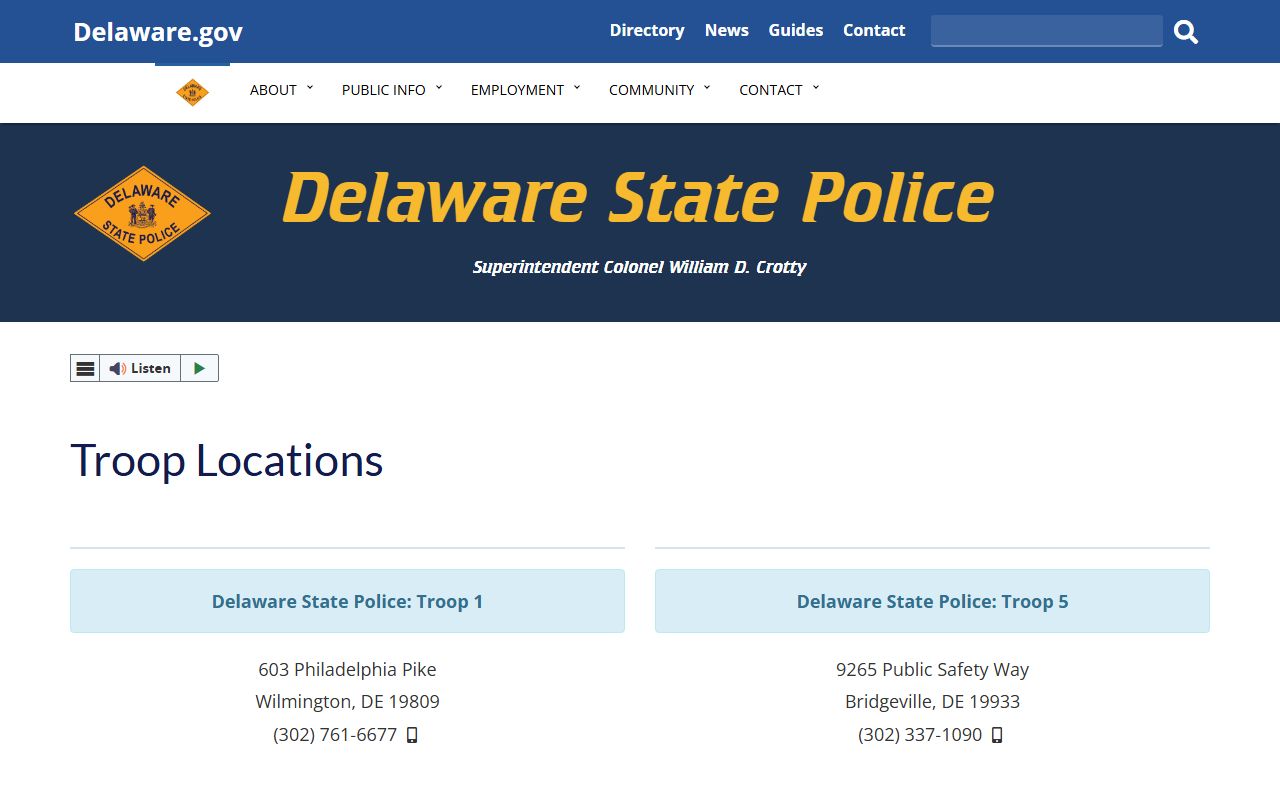 Dover area Delaware State Police Troop 3 for 24 Hour Booking