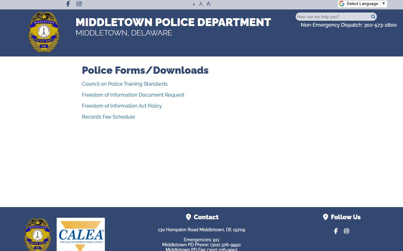 Middletown Police records forms for 24 Hour Booking requests
