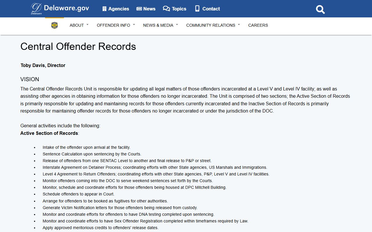 Delaware Central Offender Records for 24 Hour Booking