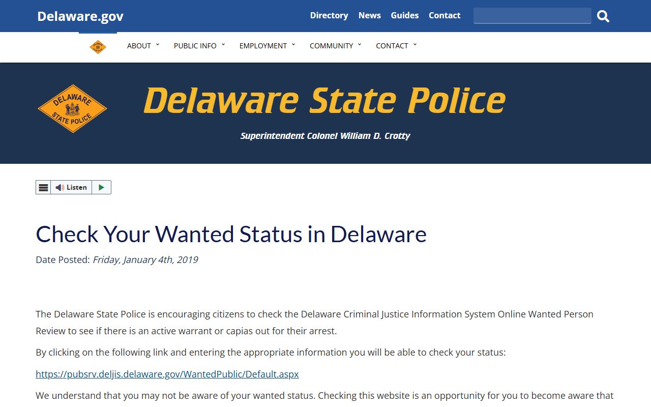 Check wanted status for Delaware 24 Hour Booking