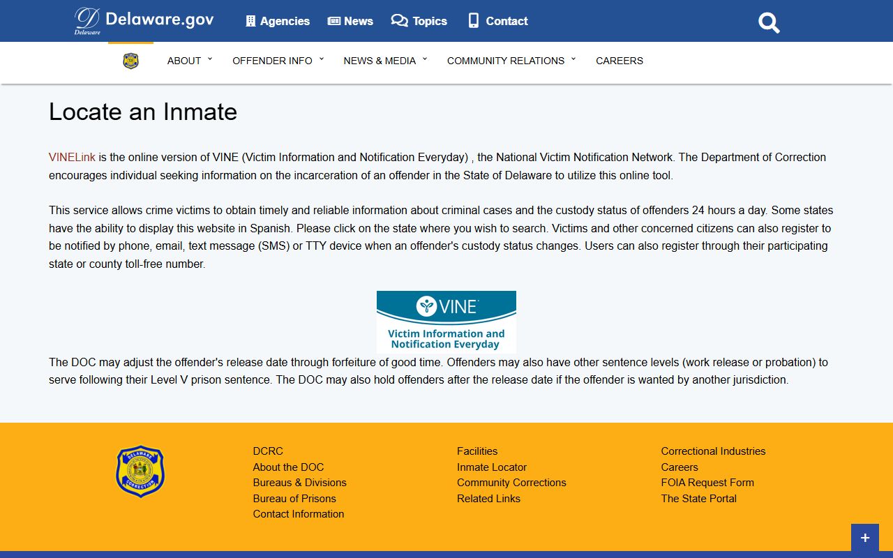 Delaware DOC Inmate Locator for 24 Hour Booking