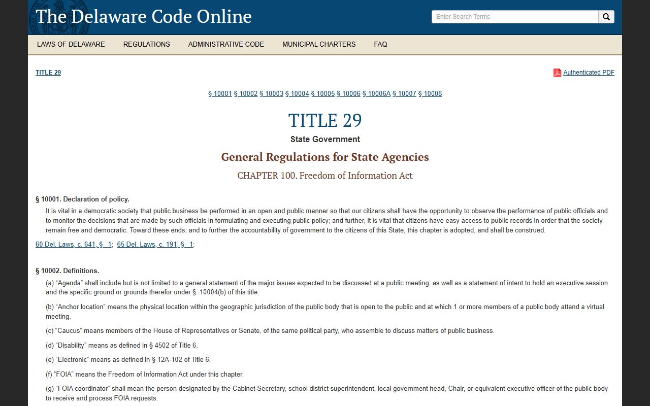Delaware FOIA statutes for 24 Hour Booking