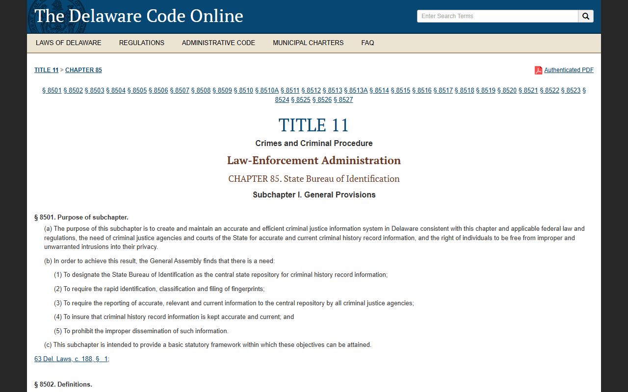Delaware Title 11 SBI statutes for 24 Hour Booking